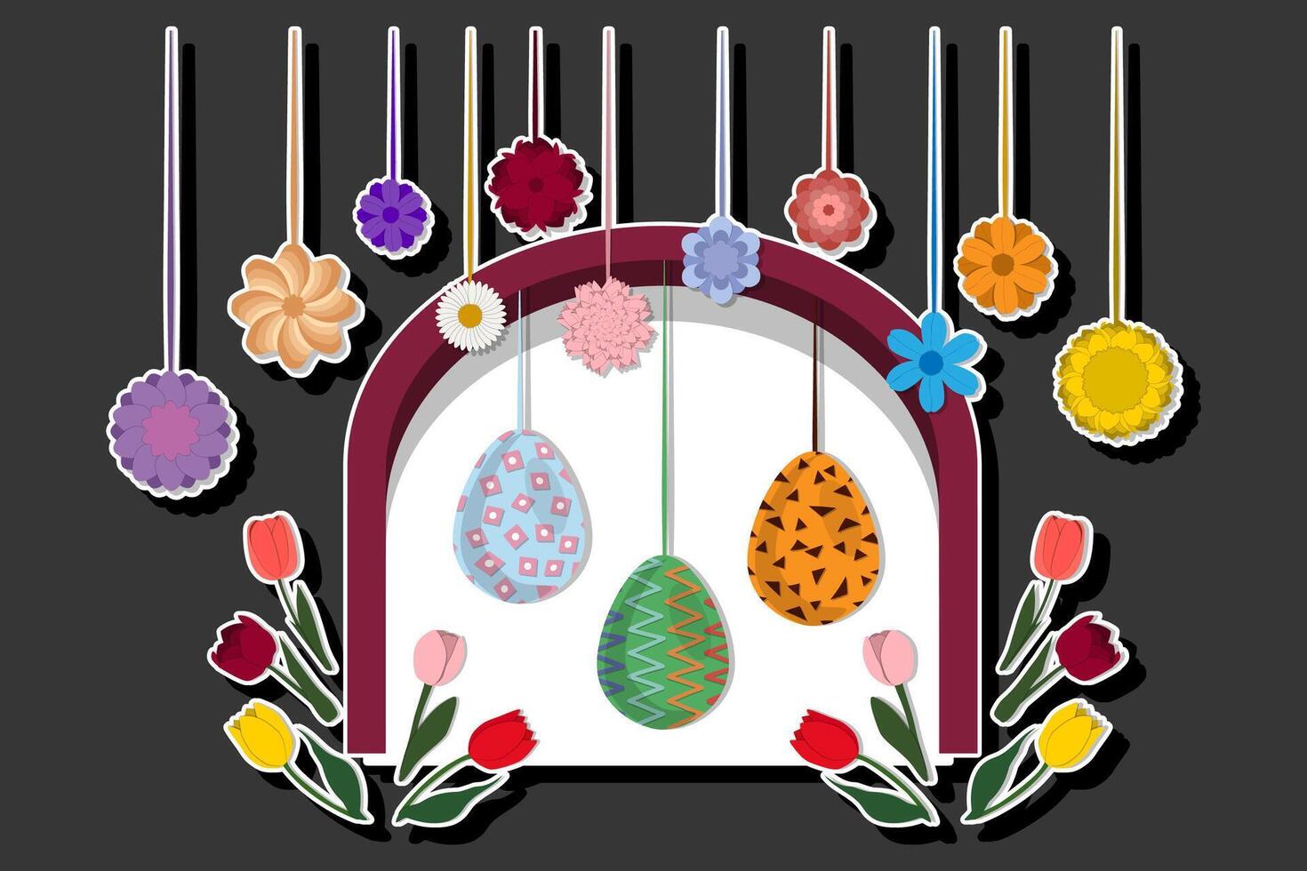 illustrazione su tema celebrazione vacanza Pasqua con caccia colorato luminosa uova, bandiera consistente di caccia diverso Pasqua uova, bellissimo Pasqua uova siamo principale accessorio a astratto sfondo vettore