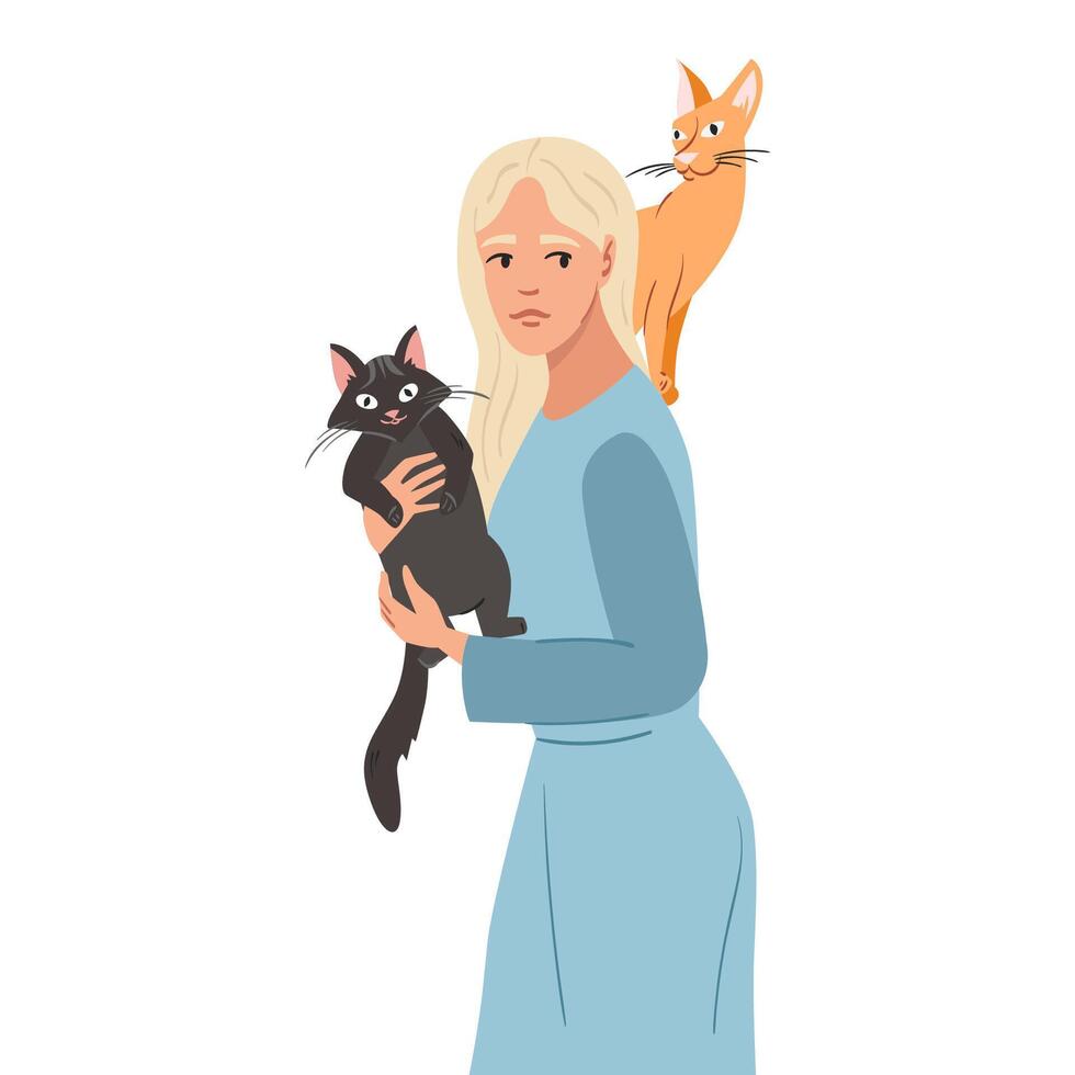 giovane donna con gatto vettore illustrazione ritratto. giocando con animali domestici, la spesa tempo con gatti concetto