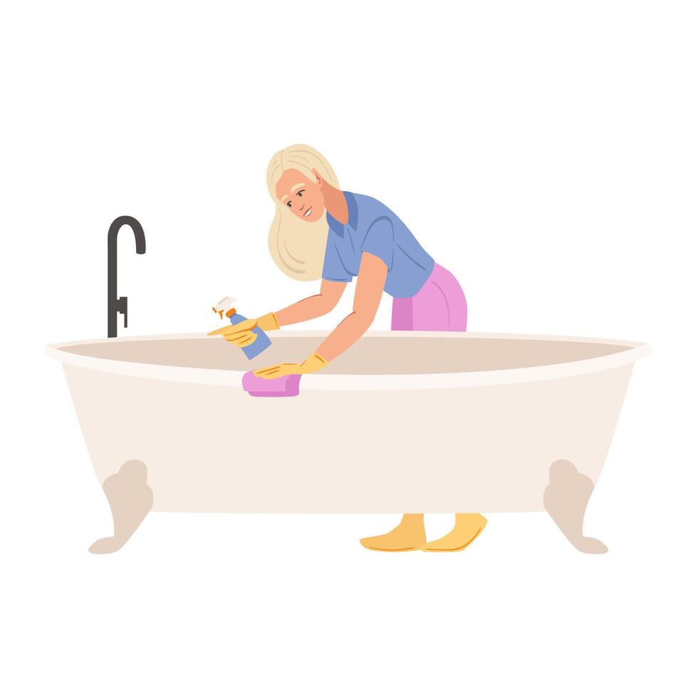 donna lavaggio vasca da bagno con detergente e spugna. casalinga a casa. cameriera pulizia il appartamento, bagno. pulizia servizio. addetto alle pulizie app. piatto illustrazione. vettore