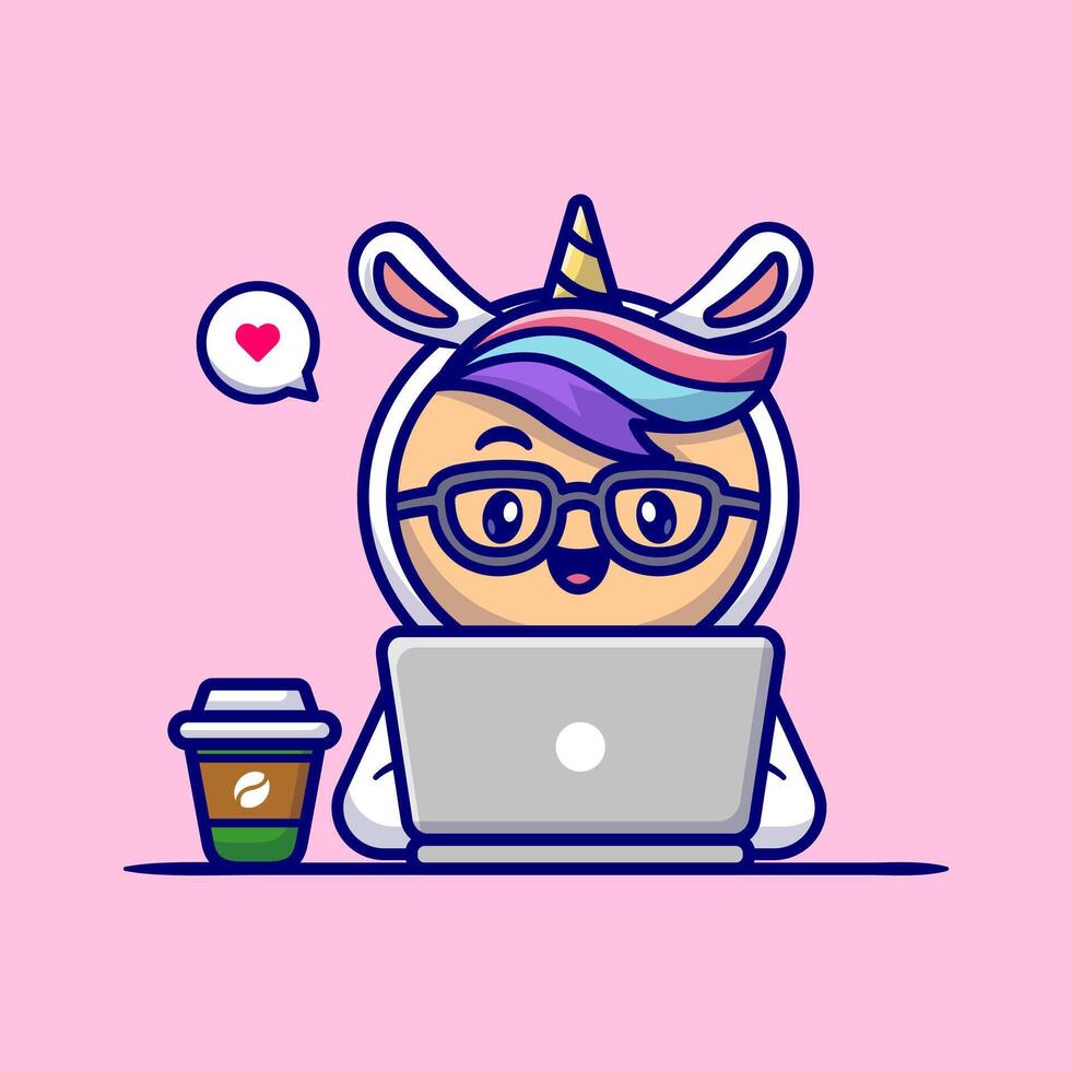 carino uomo indossare unicorno costume Lavorando su il computer portatile con caffè cartone animato vettore icona illustrazione. persone tecnologia icona concetto isolato premio vettore. piatto cartone animato stile