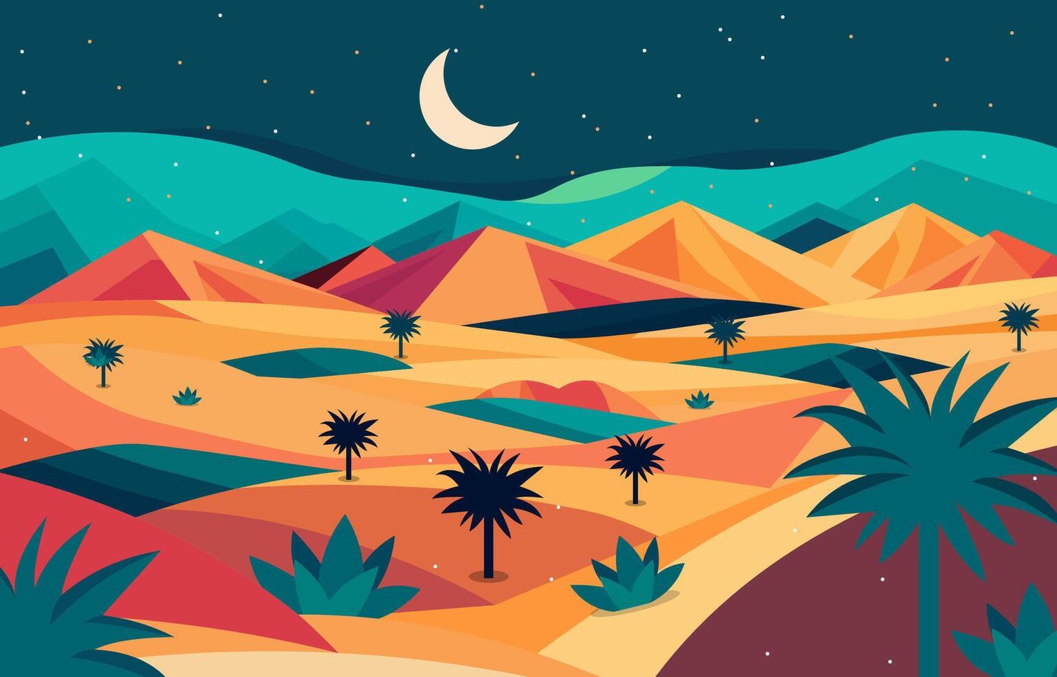 piatto design illustrazione di montagne nel arabo deserto con Data alberi a notte vettore