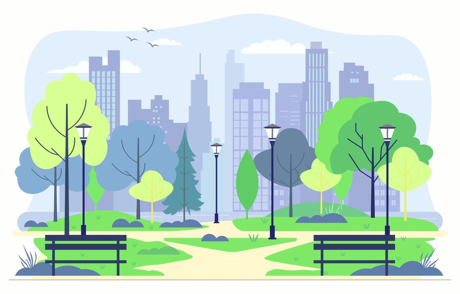 piatto design illustrazione di panchina nel città parco con verde alberi vettore