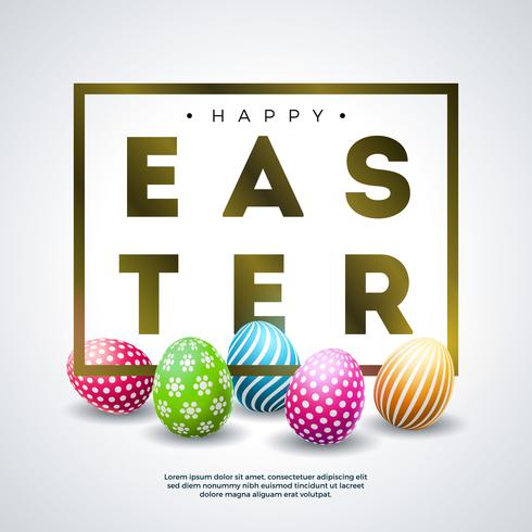 Buona Pasqua Holiday Design con uova colorate dipinte e Golden Typography Letter vettore