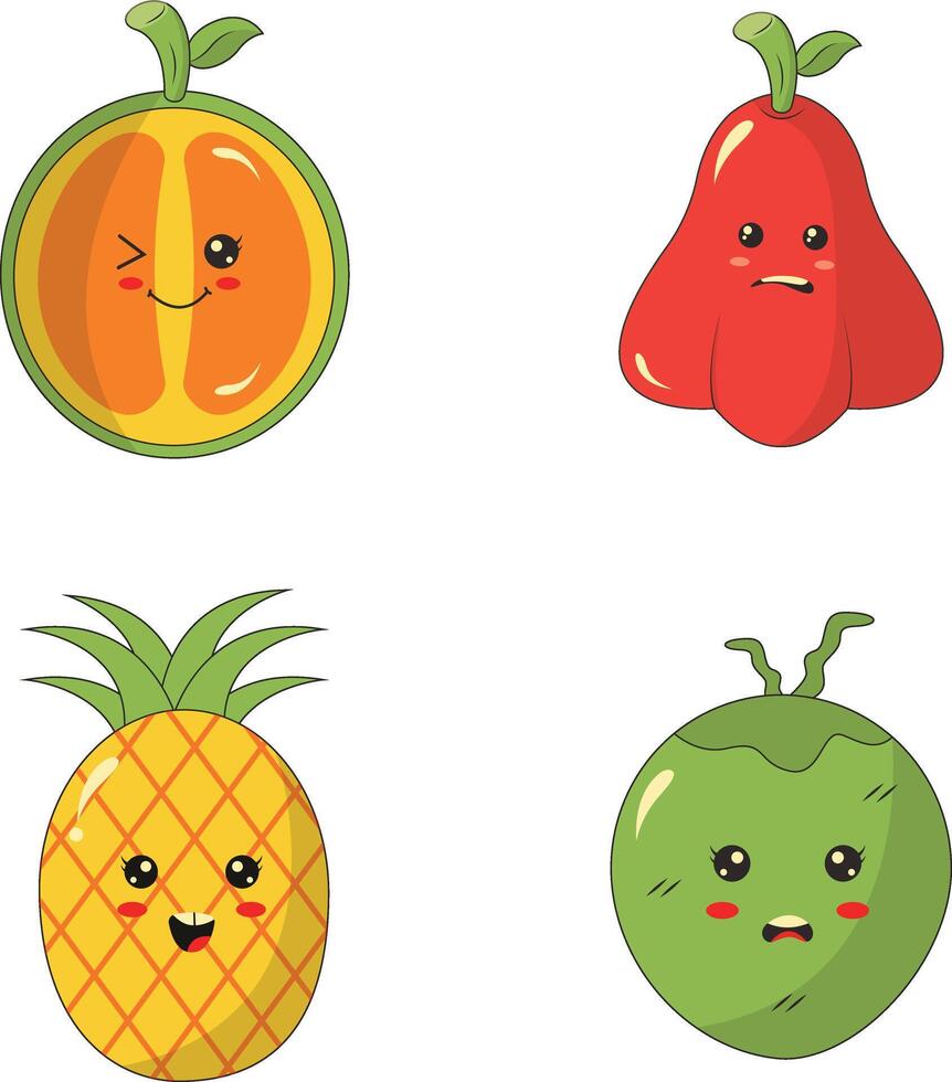 collezione di diverso kawaii frutta mascotte. carino cartone animato carattere. vettore illustrazione
