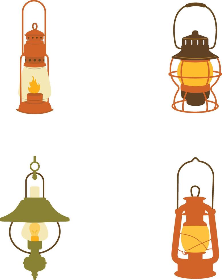 impostato di campeggio lanterna lampada illustrazione. Vintage ▾ cartone animato design. vettore