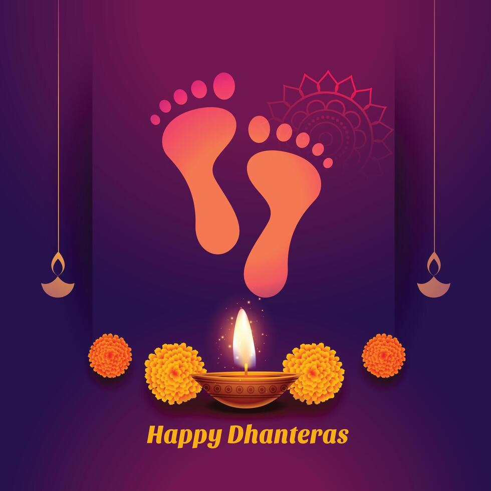 Dio impronte preghiera contento dhanteras sfondo con diya vettore