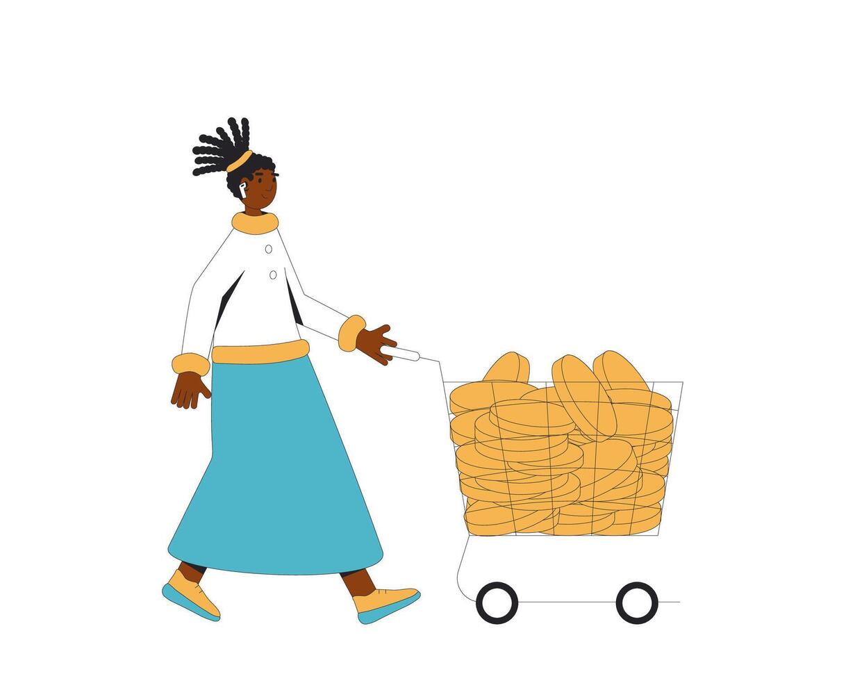 donna con i soldi isolato su bianca sfondo. femmina persona indossare nel casuale Abiti a piedi con shopping Borsa di monete. vettore