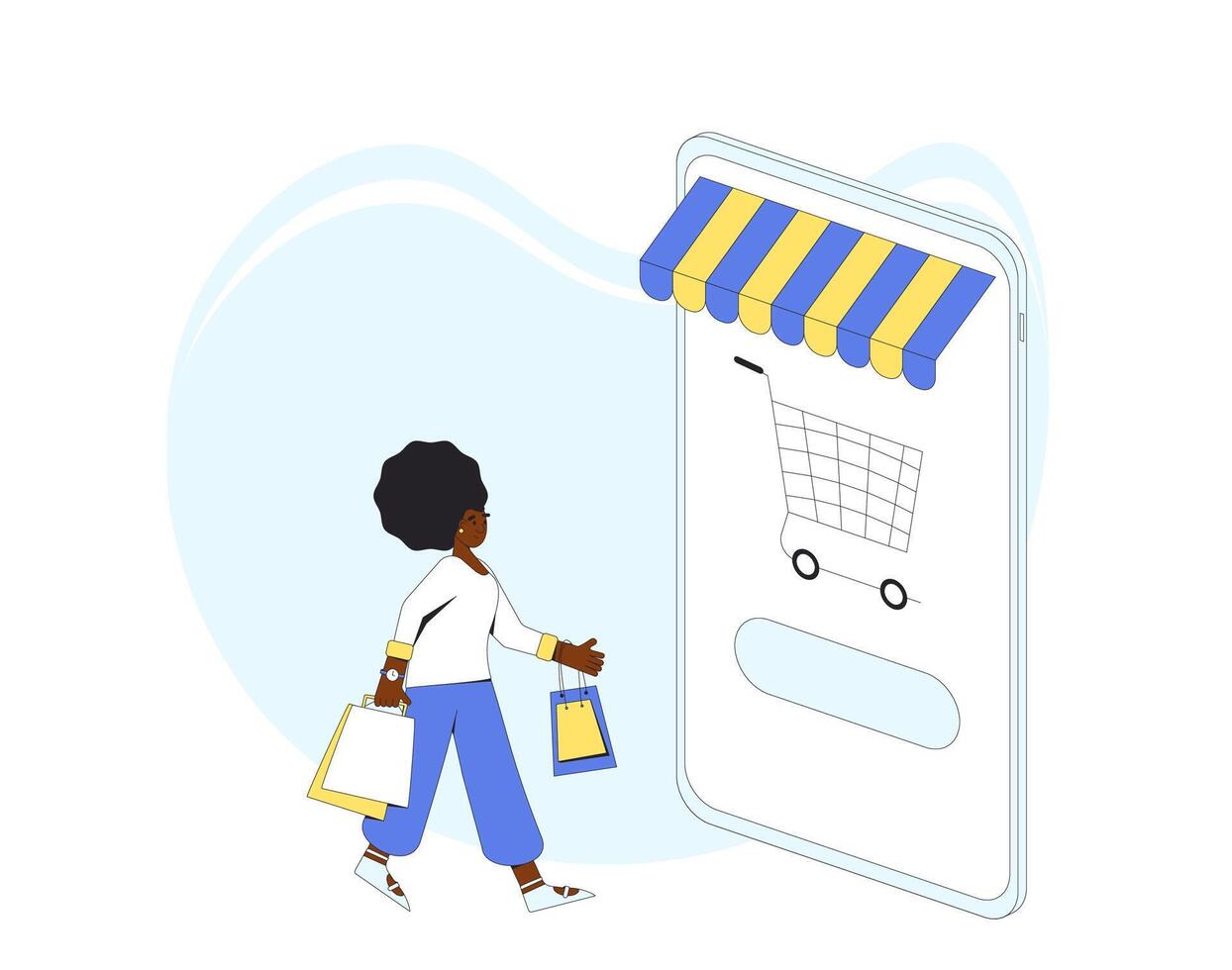 in linea acquisti. femmina persona con enorme smartphone e shopping borse. vettore