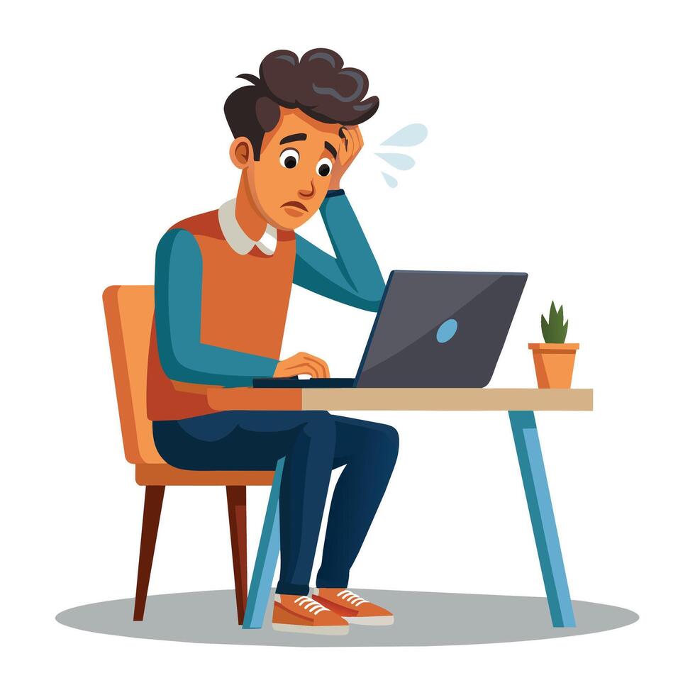 triste uomo seduta a il tavolo con un' il computer portatile. vettore illustrazione nel cartone animato stile.