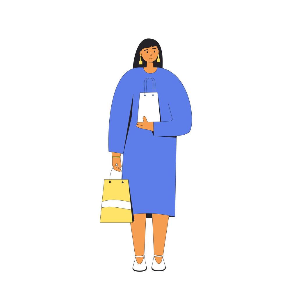 giovane donna con shopping borse. femmina persona in piedi e Tenere sua acquisti. vettore