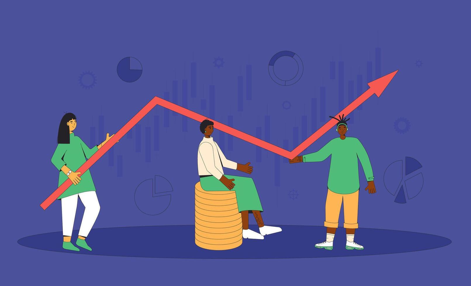 investimento freccia. Al dettaglio commercianti con azione mercato in crescita grafico. attività commerciale analisi. manager con schemi e diagrammi. finanziario ricercatori. vettore linea arte illustrazione.