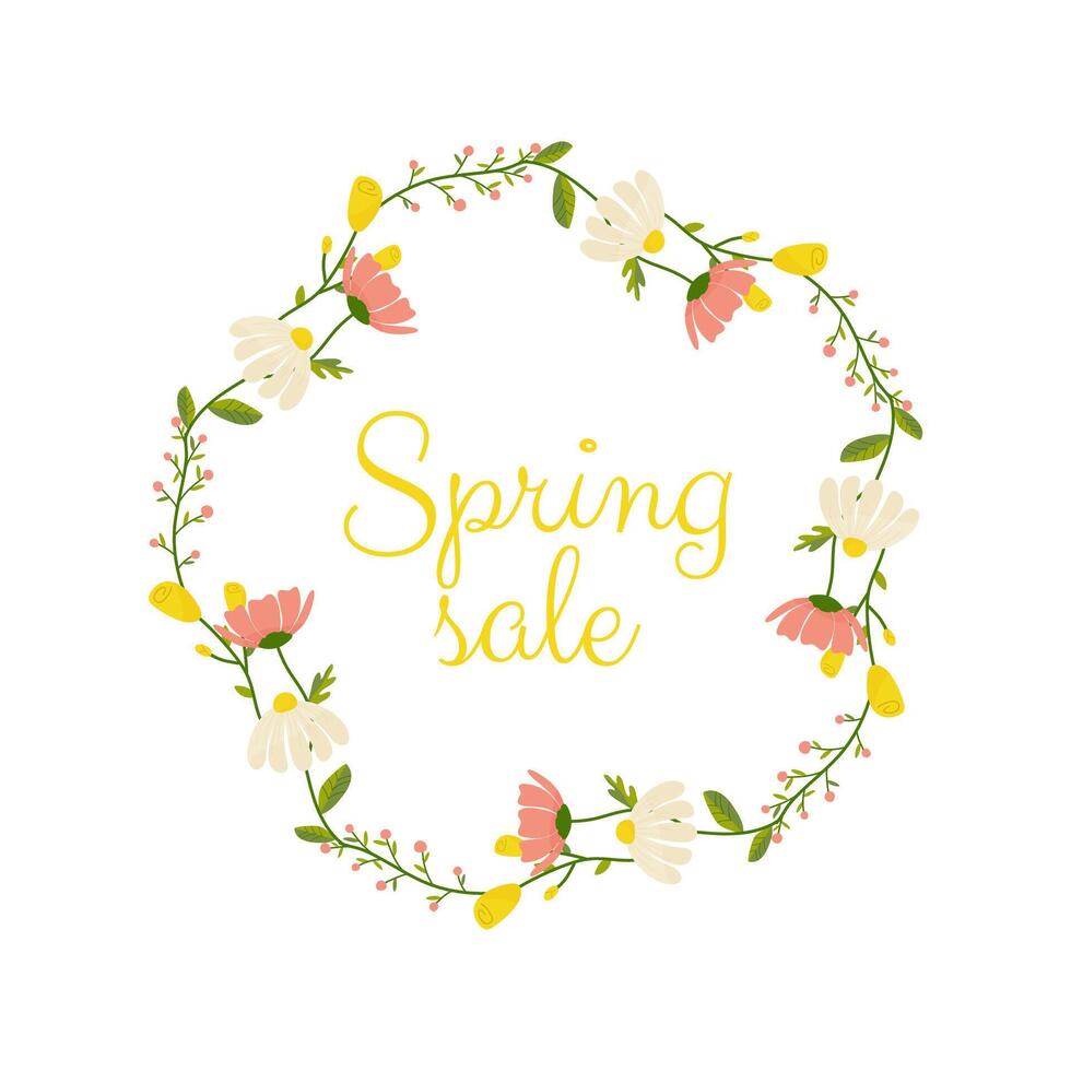 primavera saldi, telaio con floreale confine con lettering e diverso fiori per manifesto, striscione, annuncio pubblicitario vettore