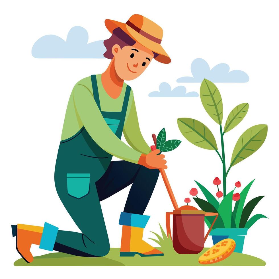 giardiniere con un' irrigazione può e un' vaso di fiori. vettore illustrazione.