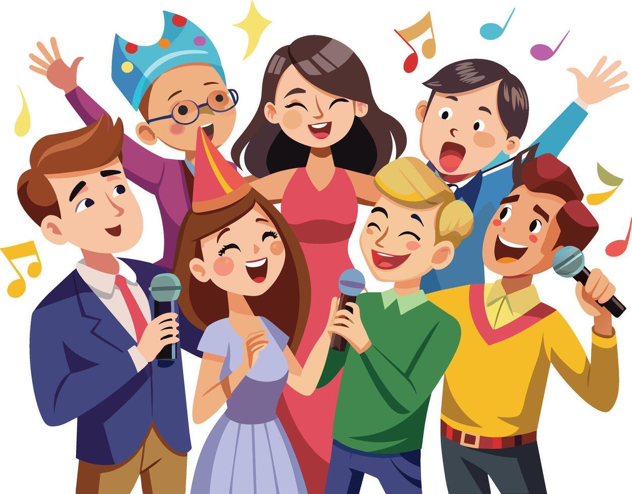 gruppo di persone cantando karaoke. vettore illustrazione nel cartone animato stile