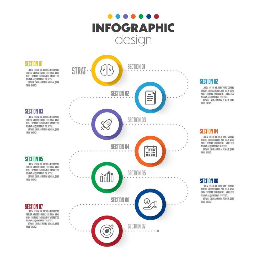 vettore presentazione attività commerciale concetto. Infografica cerchi modello 7 passi.