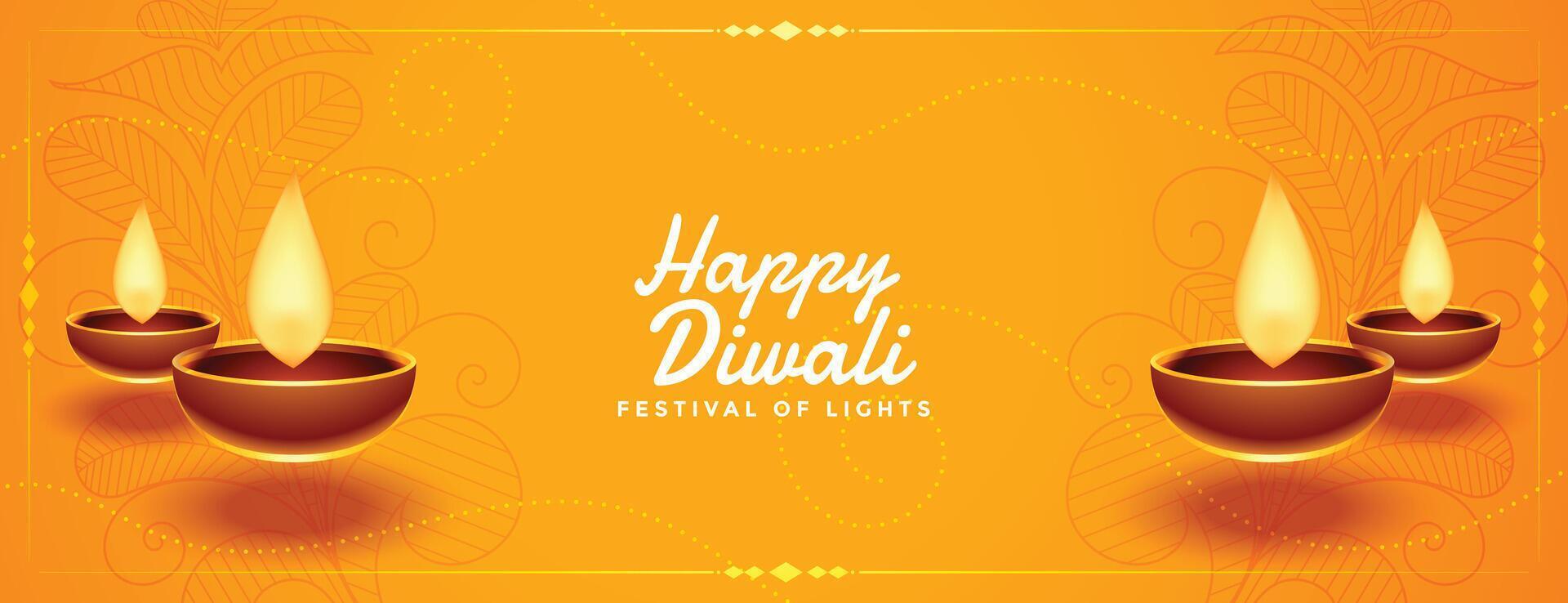 contento Diwali Festival giallo bandiera con diya design vettore