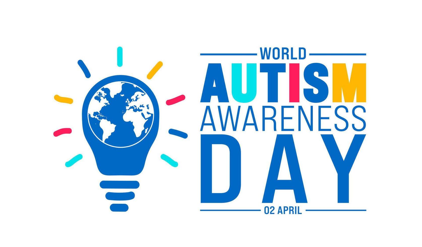 2 aprile autismo consapevolezza giorno concetto colorato creativo lampadina con mondo carta geografica globo sfondo. vettore