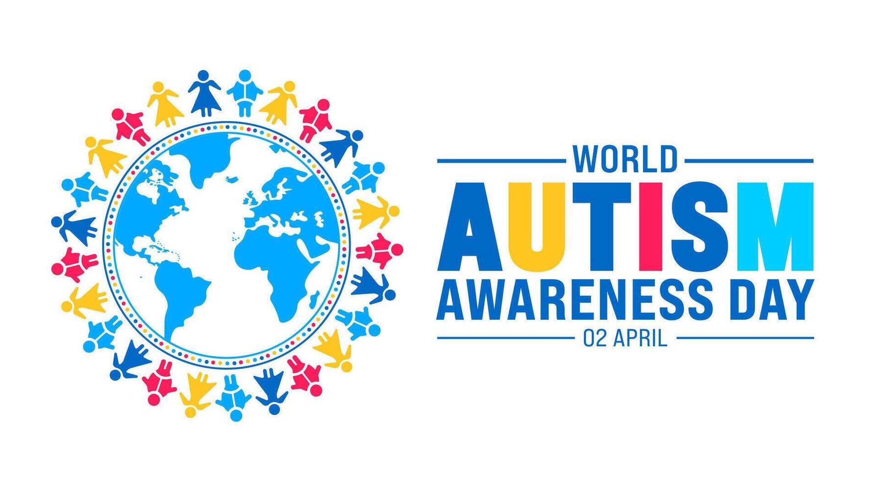 2 aprile mondo autismo consapevolezza giorno concetto colorato bambino ragazzo e bambino ragazza cerchio mondo globo carta geografica sfondo design modello. vettore