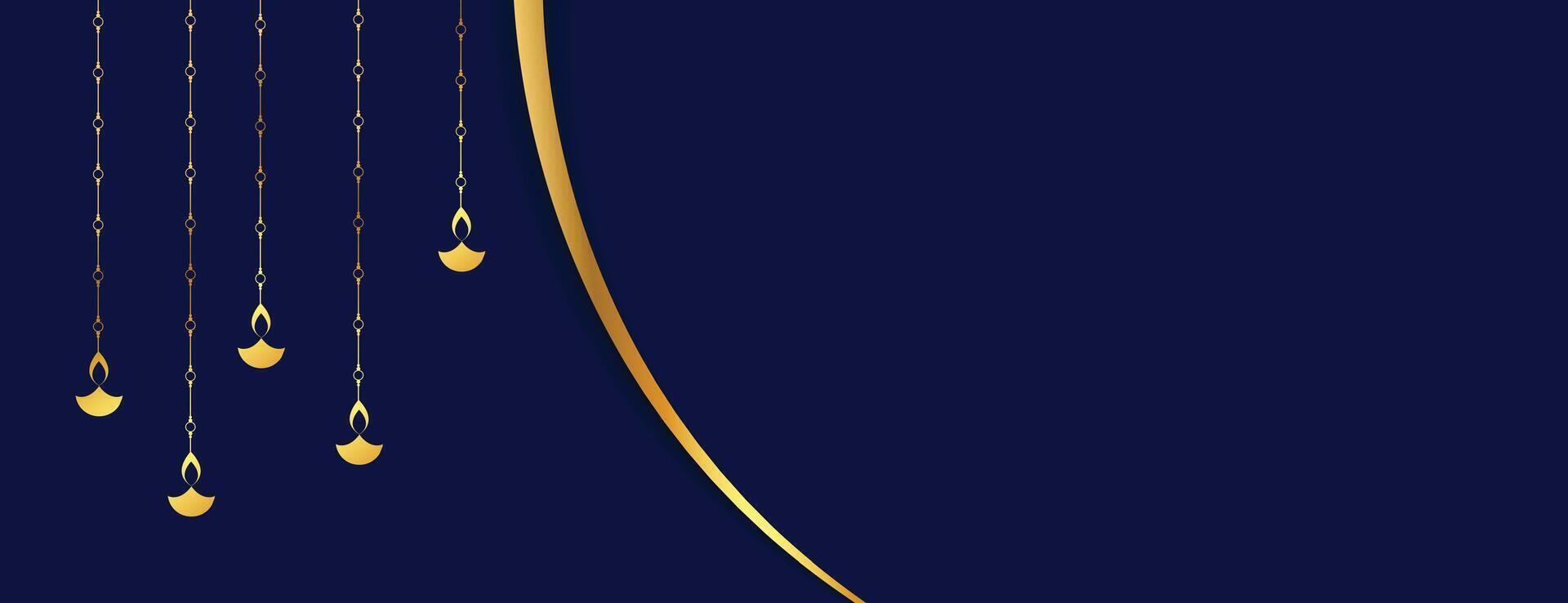 contento Diwali bandiera con d'oro lanterna design nel blu sfondo vettore illustrazione