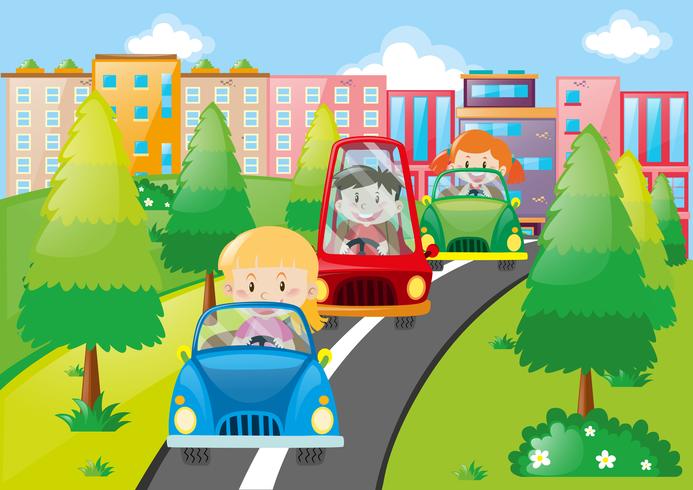 Scena con bambini che guidano auto in città vettore