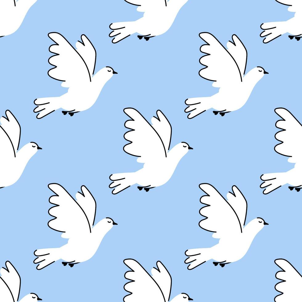 carino mano disegnato senza soluzione di continuità modello con astratto bianca colombe su blu sfondo. infinito Stampa con volante uccelli. vettore