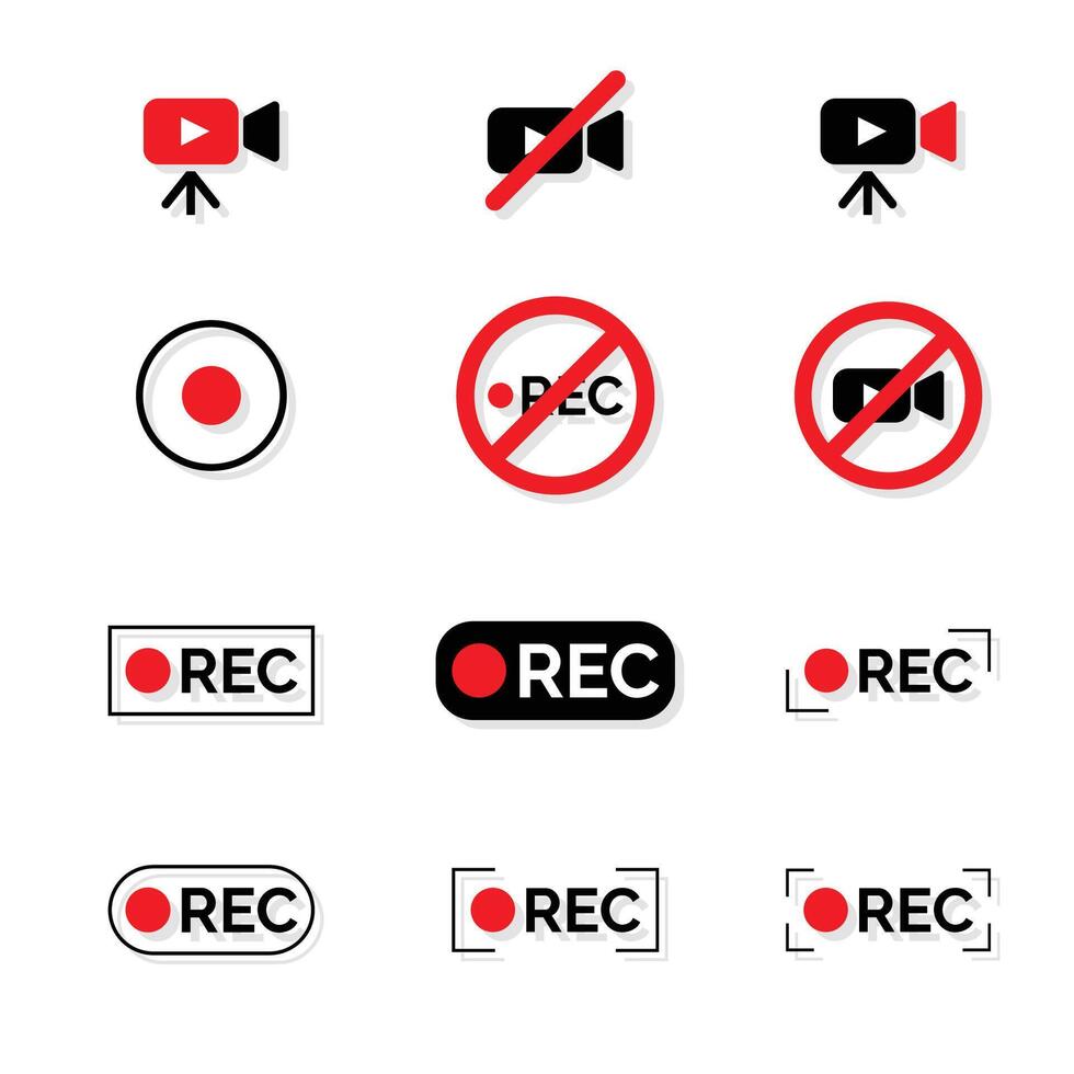 impostato di disco icone, registrazione cartello, rec, no o vietato registrazione, vettore illustrazione