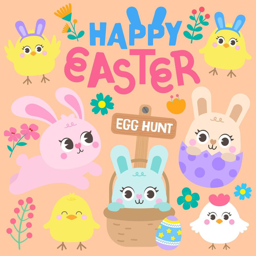 mano disegnato contento Pasqua coniglietto e bambino pulcino nel cartone animato stile vettore illustrazione