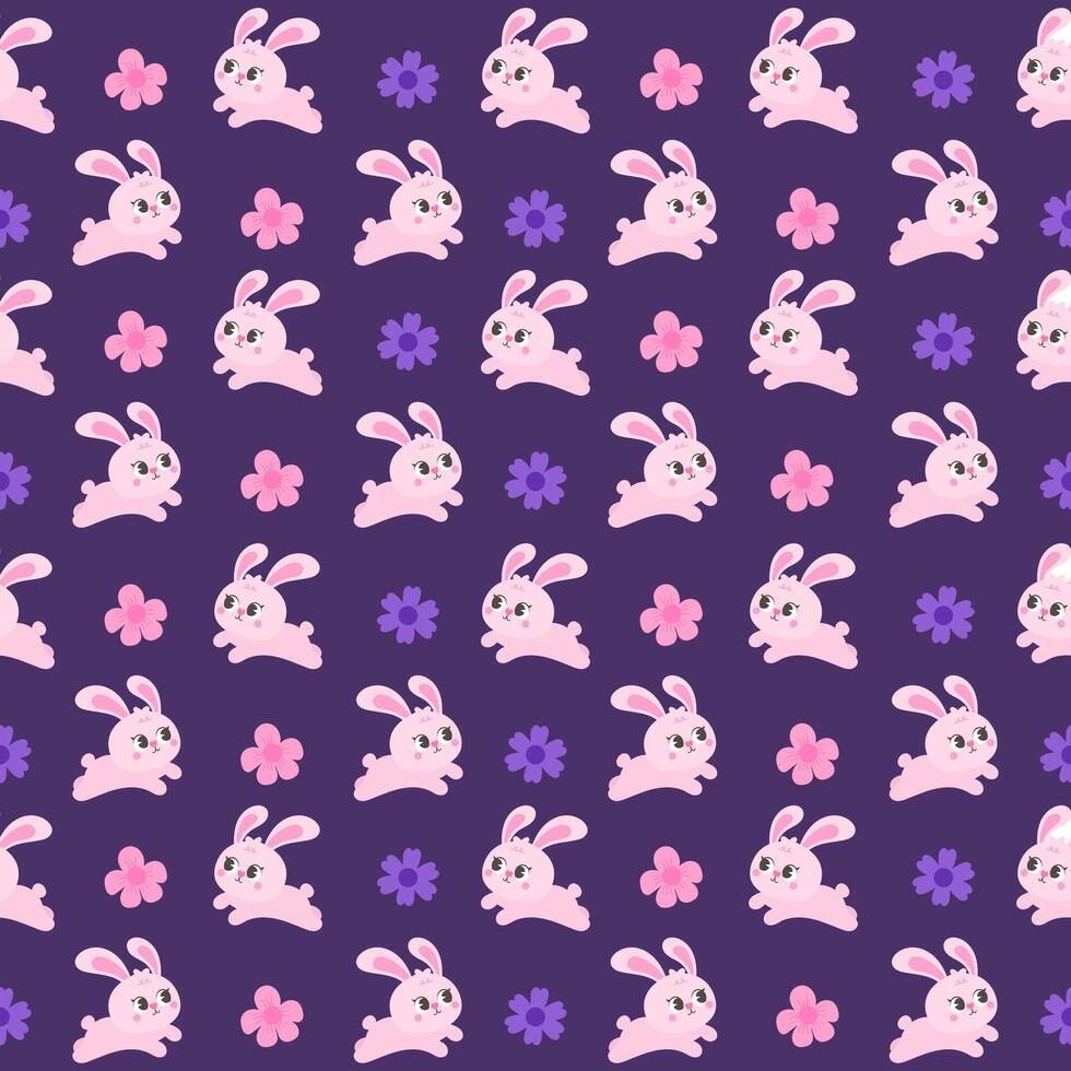 senza soluzione di continuità modello carino femminile mano disegnato poco coniglietto Hopping nel il giardino viola sfondo vettore illustrazione