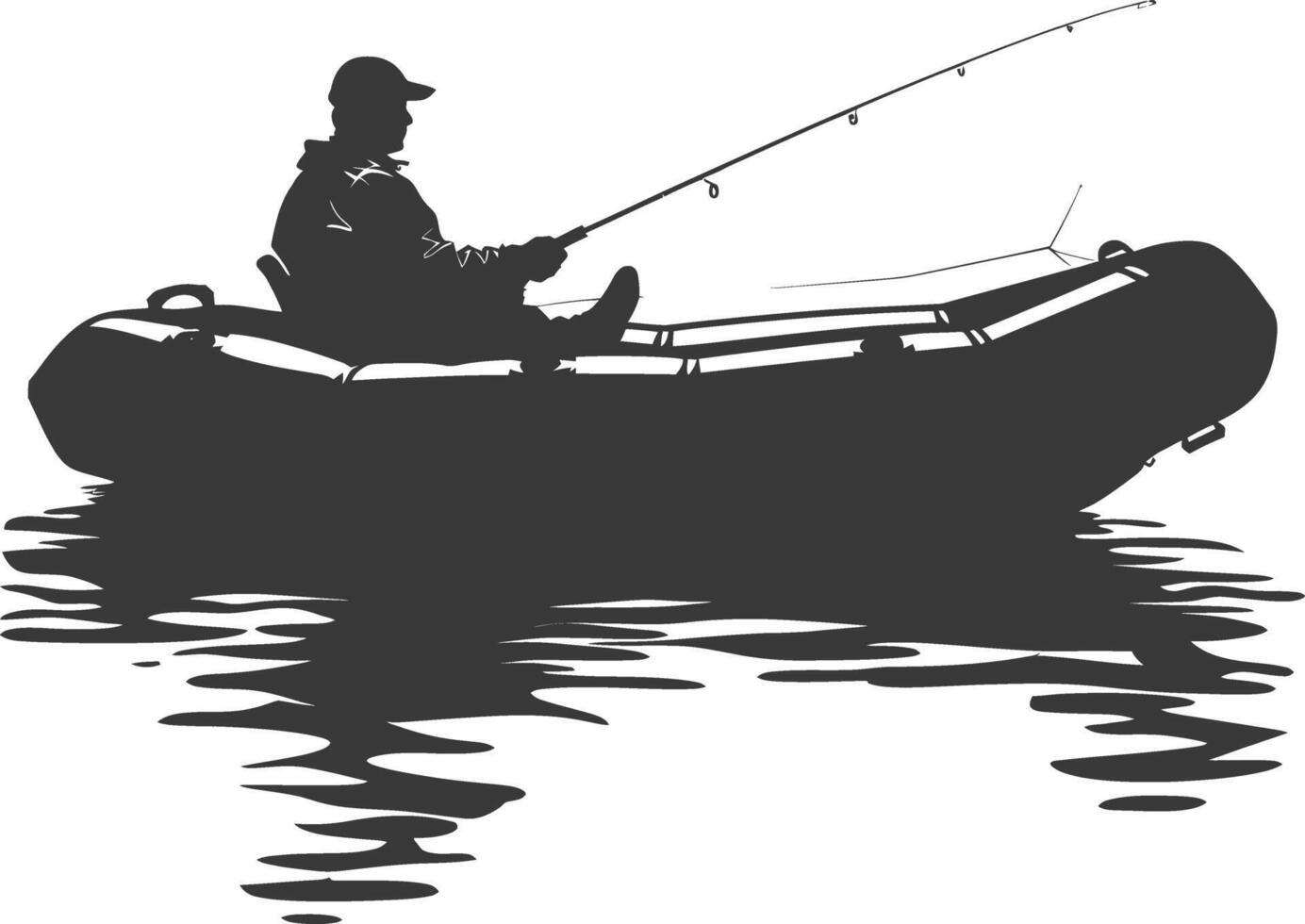 ai generato silhouette pescatore pesca utilizzando gonfiabile barca vettore