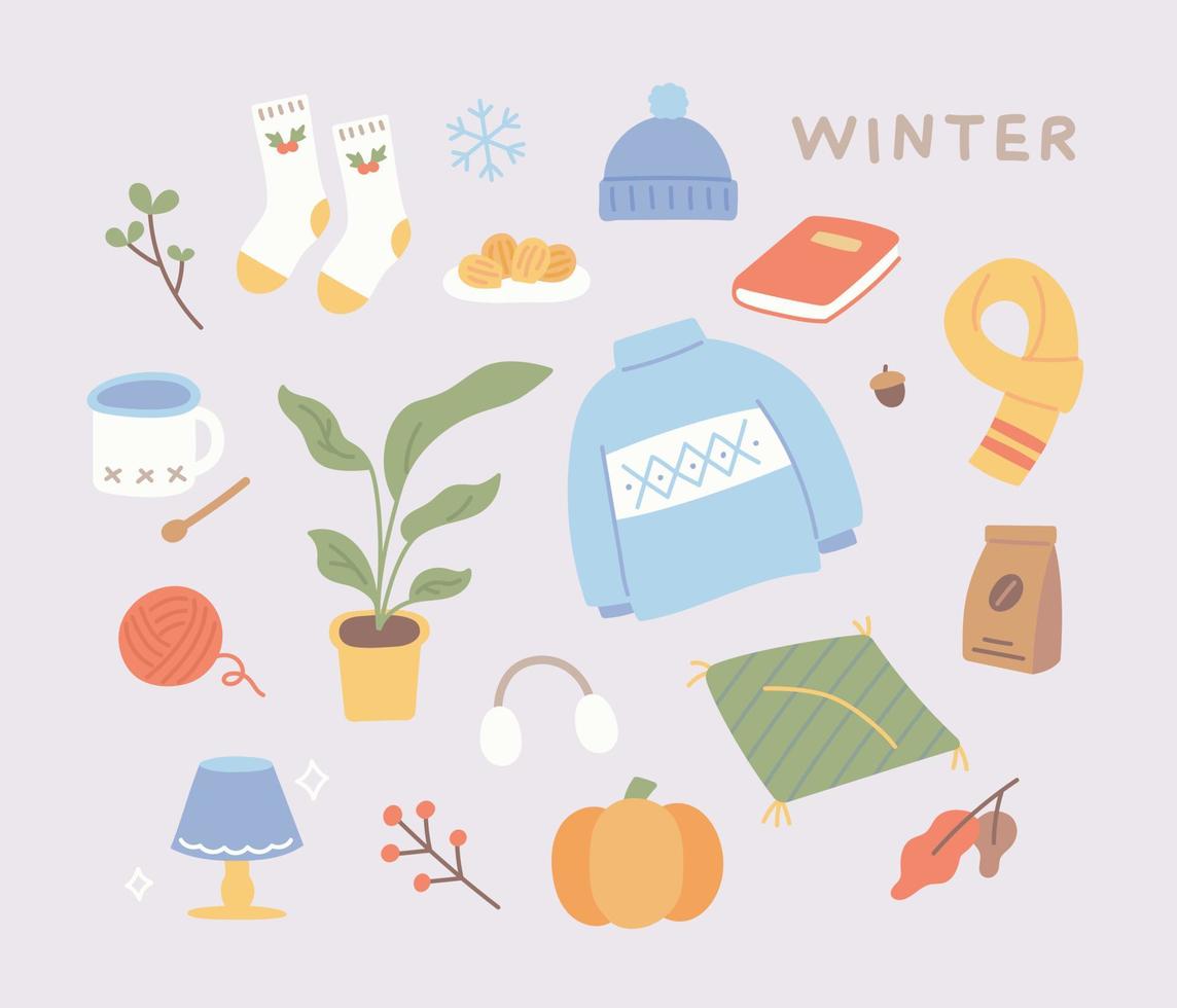 una collezione di caldi oggetti invernali. illustrazione vettoriale stile design piatto.