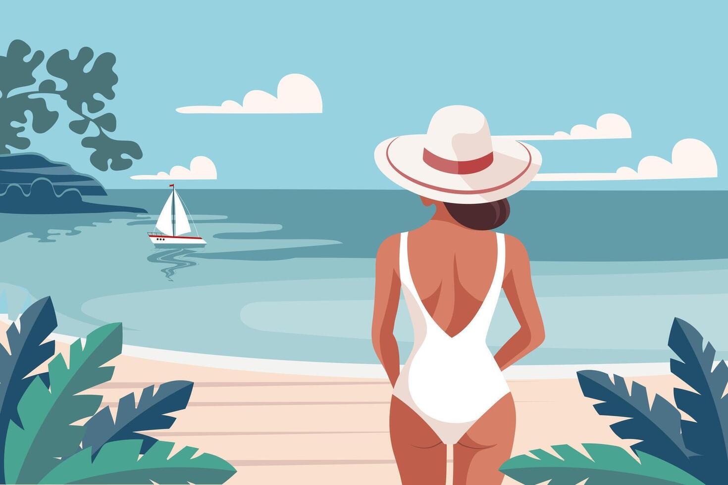 paesaggio marino. tempo relax. un' giovane donna nel un' costume da bagno su il spiaggia contro il fondale di un' paesaggio marino. illustrazione. vettore