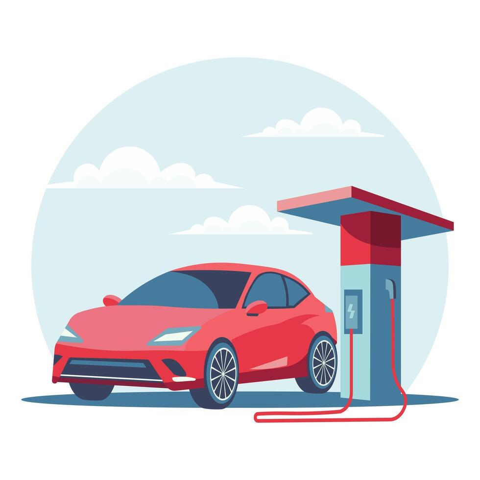 moderno elettrico auto a un' ricarica stazione. verde tecnologia. illustrazione, vettore