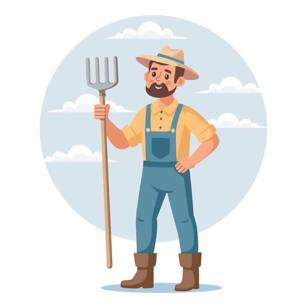 agricoltura e agricoltura, raccolta. un' maschio contadino nel uniforme detiene un' rastrello nel il suo mano. agricolo azienda agricola lavoratore. illustrazione. vettore
