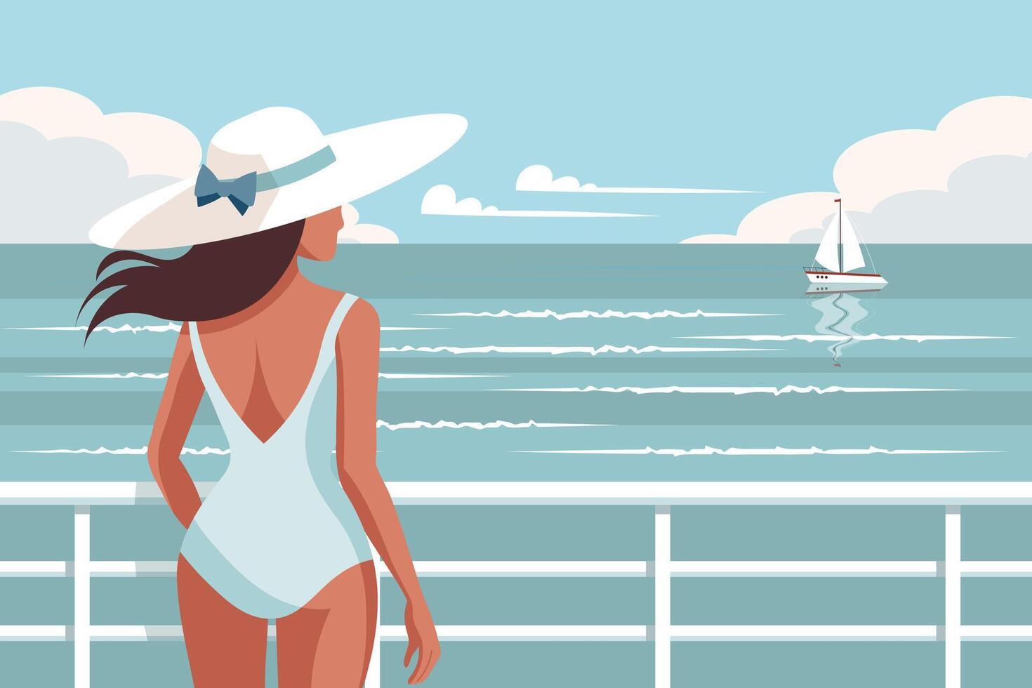 paesaggio marino. tempo relax. un' giovane donna nel un' costume da bagno su il spiaggia contro il fondale di un' paesaggio marino. illustrazione. vettore