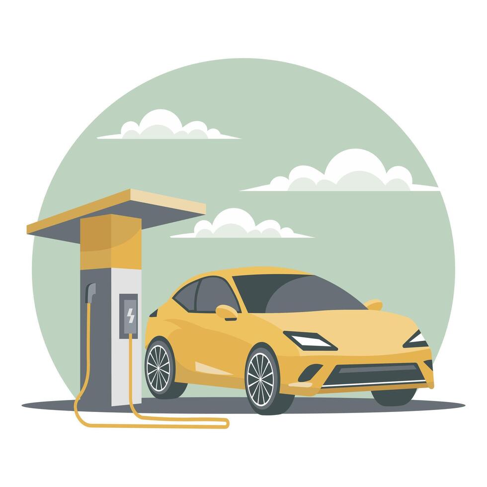 moderno elettrico auto a un' ricarica stazione. verde tecnologia. illustrazione, vettore