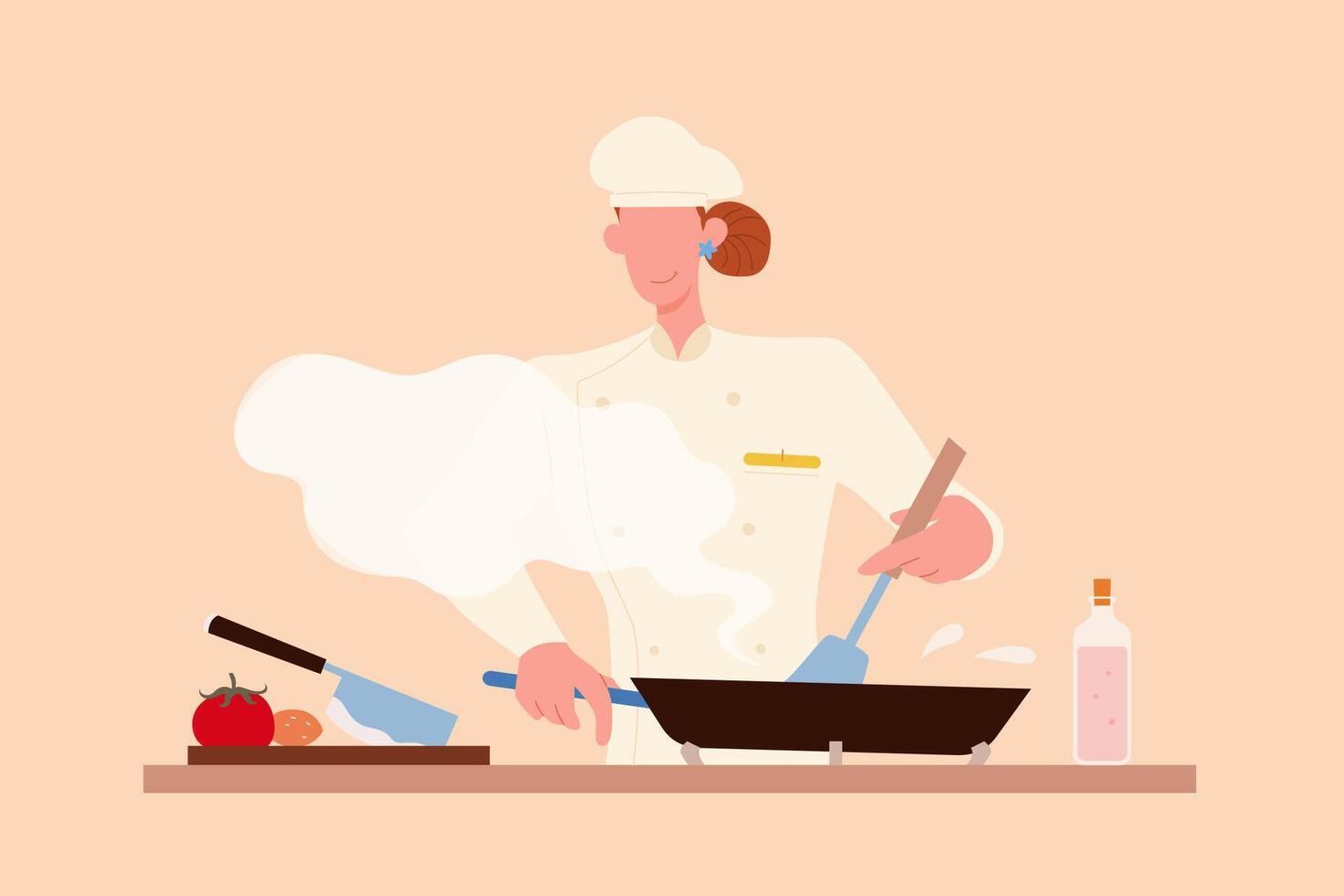 femmina capocuoco cucinando un' piatto. piatto stile illustrazione di un' donna nel capocuoco uniforme e cappello fabbricazione un' piatto nel cucinando padella nel il cucina vettore