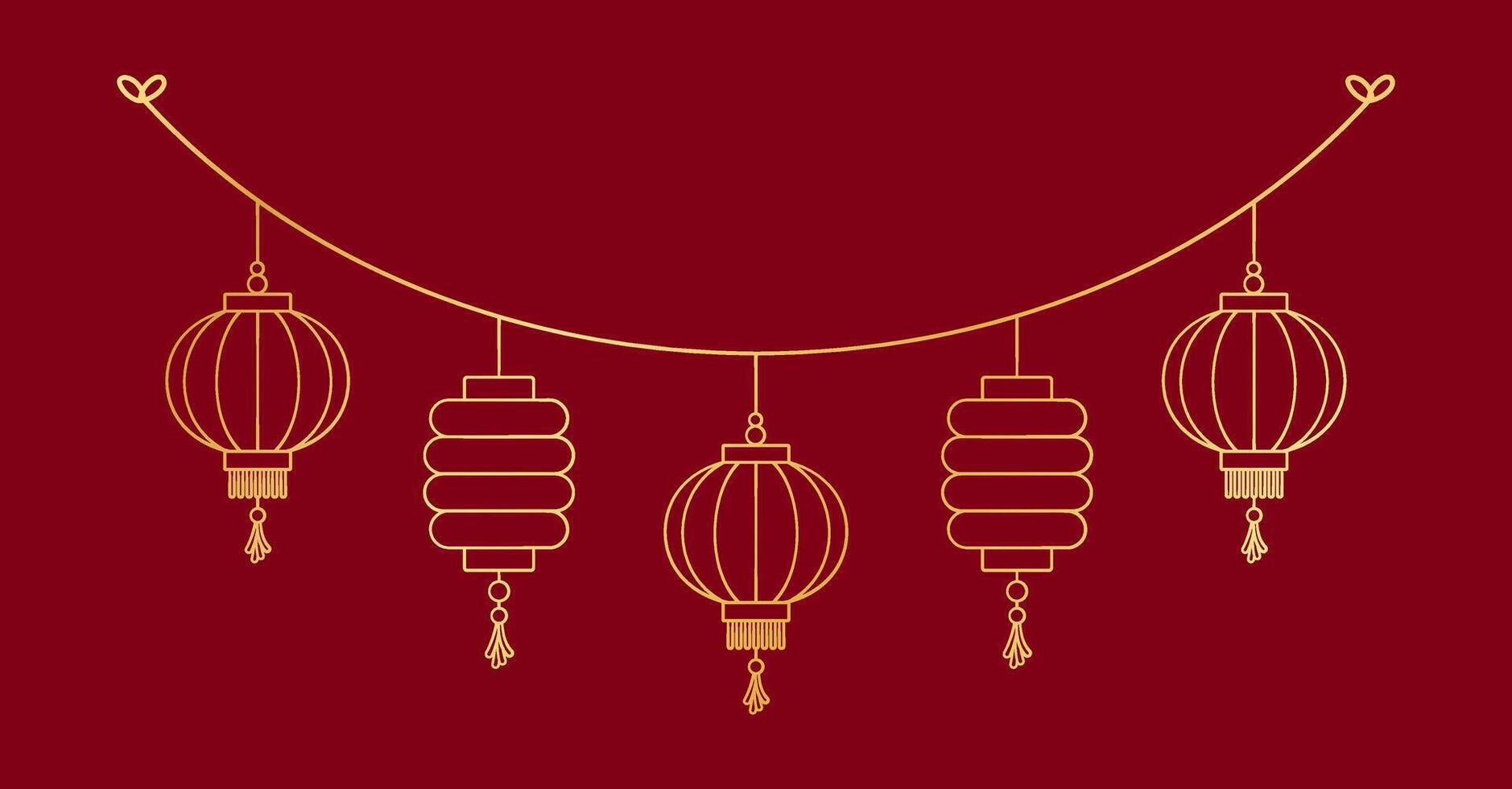 oro Cinese lanterna sospeso ghirlanda schema linea arte, lunare nuovo anno e metà autunno Festival decorazione grafico vettore