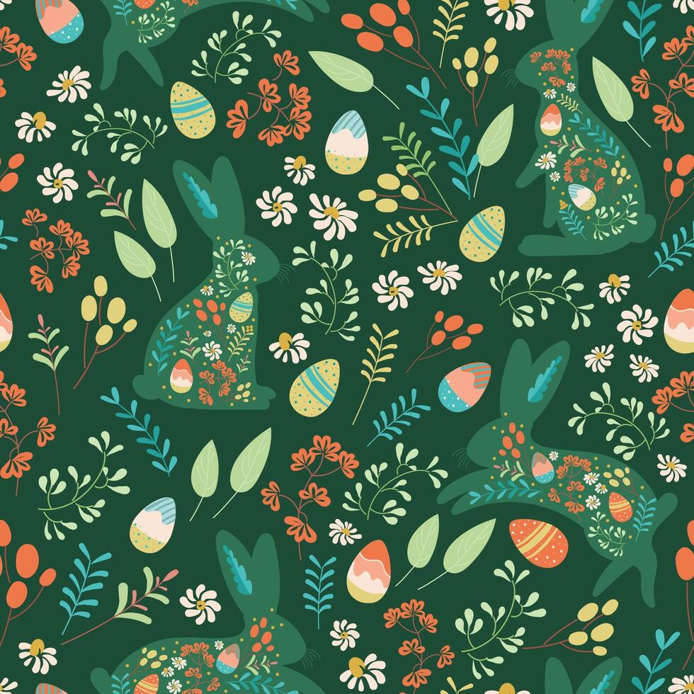 carino mano disegnato coniglietti nel un' fiore prato, dolce Pasqua modello, con conigli, fiori, Pasqua uova su buio verde sfondo. floreale struttura con lepri. di moda contento Pasqua vettore sfondo design