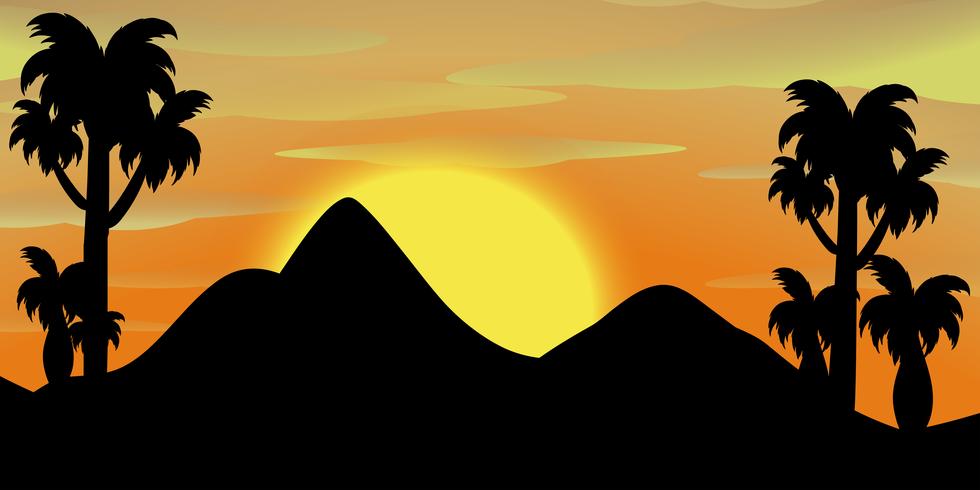 Scena silhouette di montagne al tramonto vettore