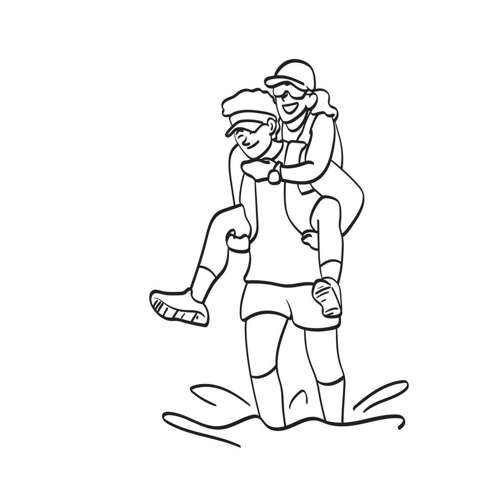 amante coppia corridore con a cavalluccio nel maratona illustrazione vettore mano disegnato isolato su bianca sfondo