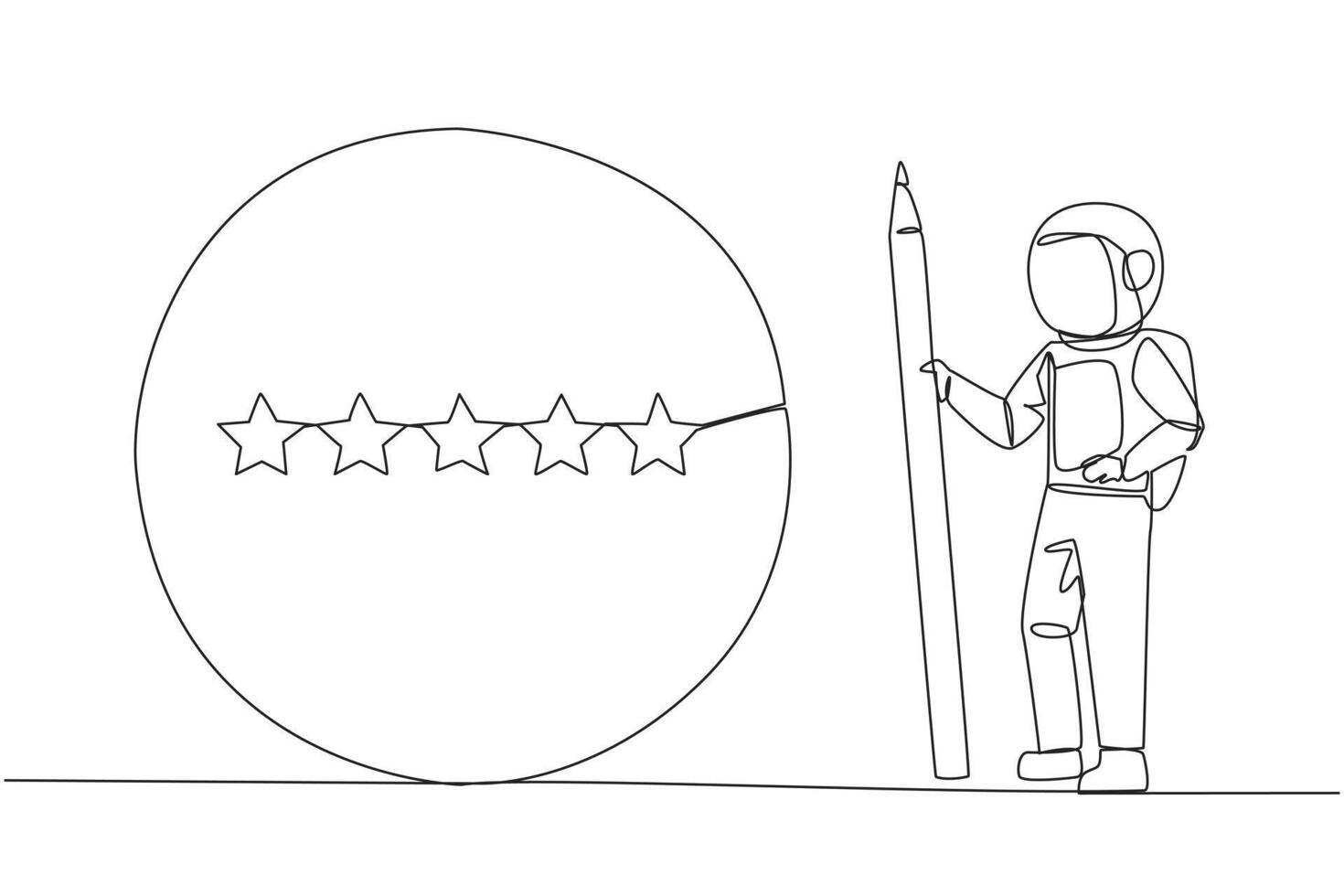 continuo uno linea disegno astronauta In piedi Tenere grande matita e Il prossimo per è un' grande cerchio circondando tutti 5 stelle. cinque stella valutazione positivo feedback. cosmico. singolo linea disegnare vettore illustrazione