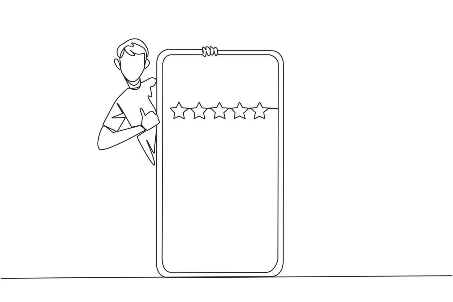 singolo uno linea disegno uomo sta dietro a gigante smartphone, ma testa e corpo apparire e mani dare pollici su gesto. in linea negozio concetto. revisione 5 stelle. continuo linea design grafico illustrazione vettore