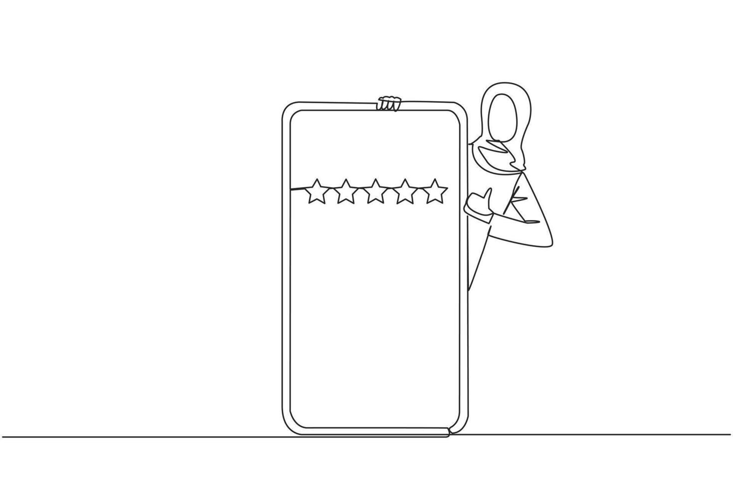 singolo continuo linea disegno arabo donna sta dietro a gigante smartphone, ma testa e corpo apparire e mani dare pollici su gesto. in linea negozio concetto. revisione 5 stella. uno linea vettore illustrazione