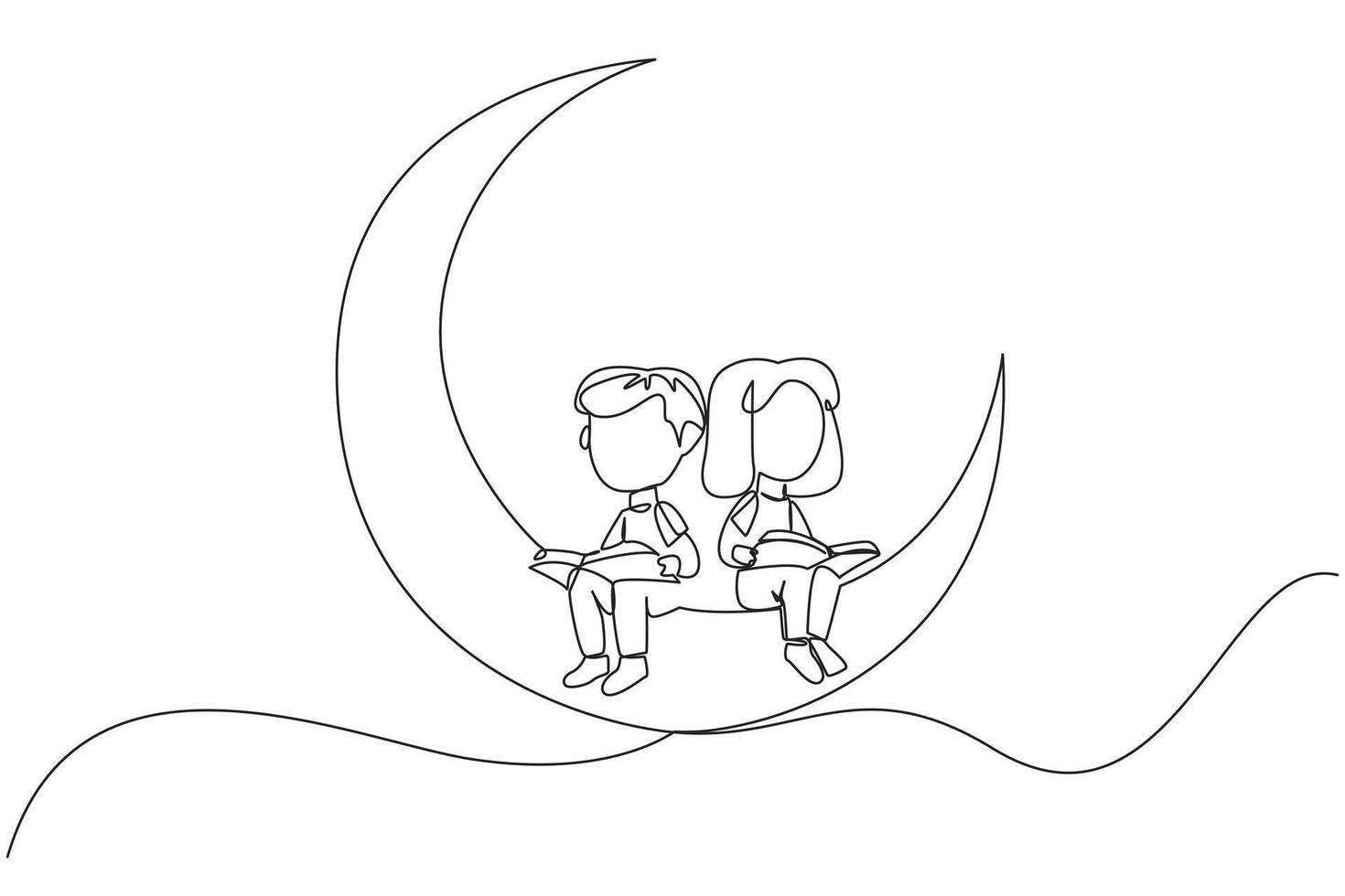 singolo continuo linea disegno bambini seduta su mezzaluna Luna lettura libro. metafora di lettura storia prima letto. appassionato di lettura nel qualunque condizione. libro Festival. uno linea vettore illustrazione