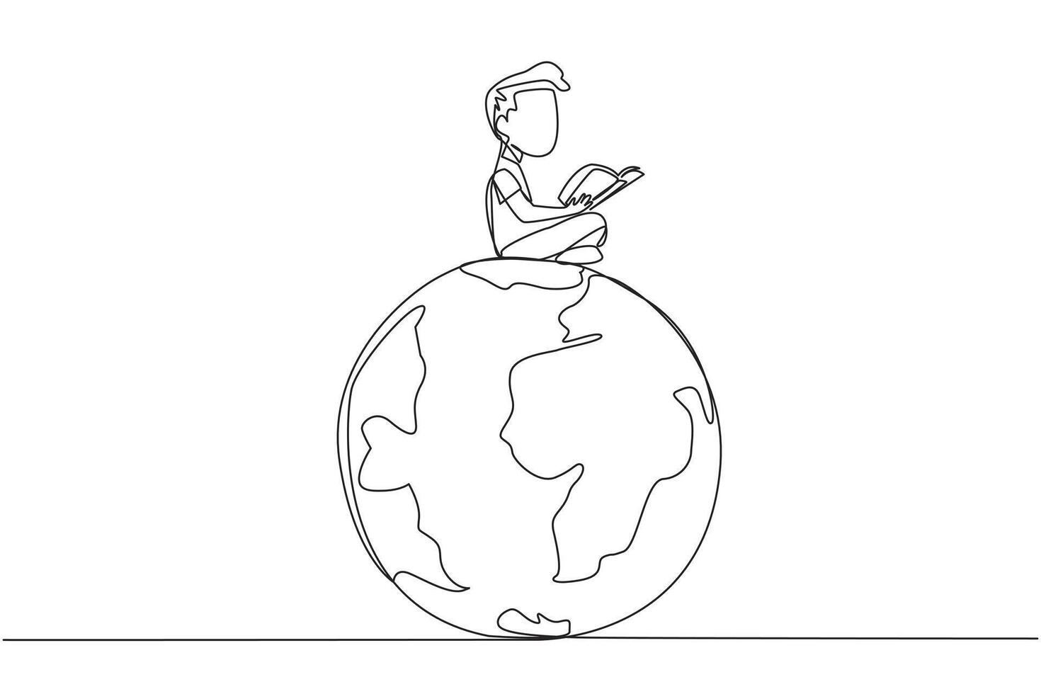 singolo uno linea disegno contento ragazzo seduta su grande globo lettura un' libro. il metafora di lettura può raggiungere il mondo. leggere ovunque. libro Festival concetto. continuo linea design grafico illustrazione vettore