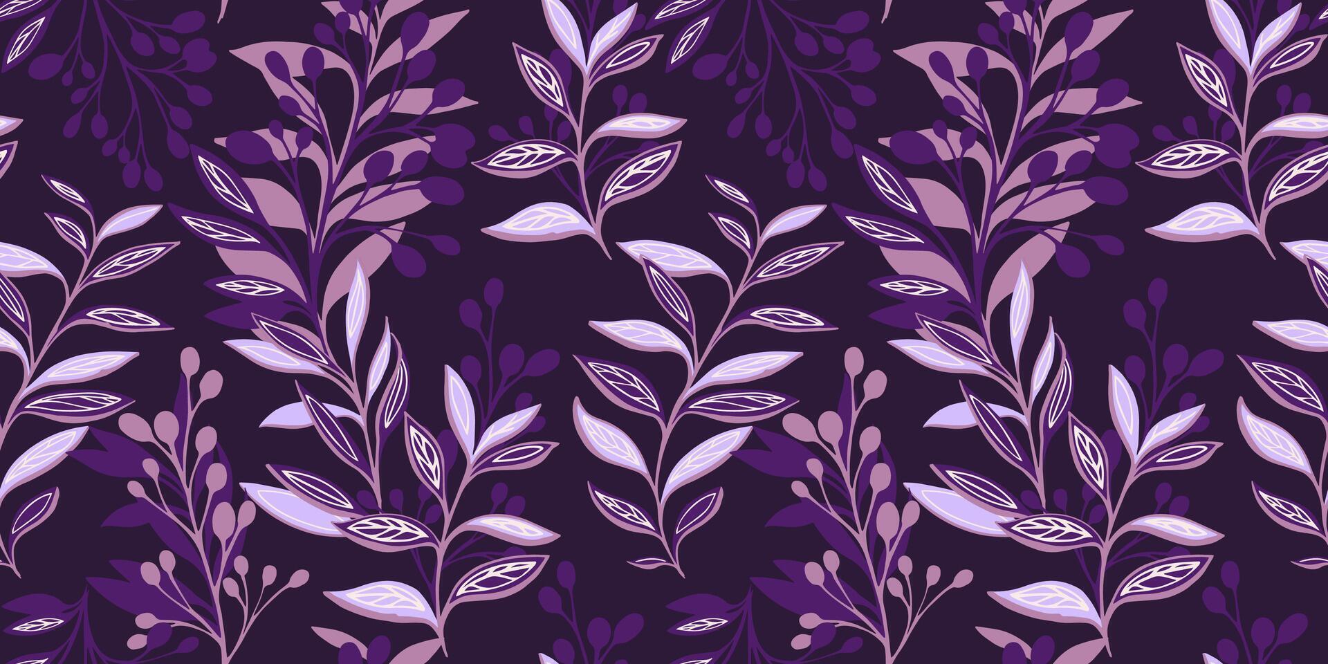 di moda buio viola senza soluzione di continuità modello con astratto foglie, forma rami, foglia, stelo. creativo stilizzato viola tropicale floreale sfondo. vettore mano disegnato. design per moda, tessuto, stampa.