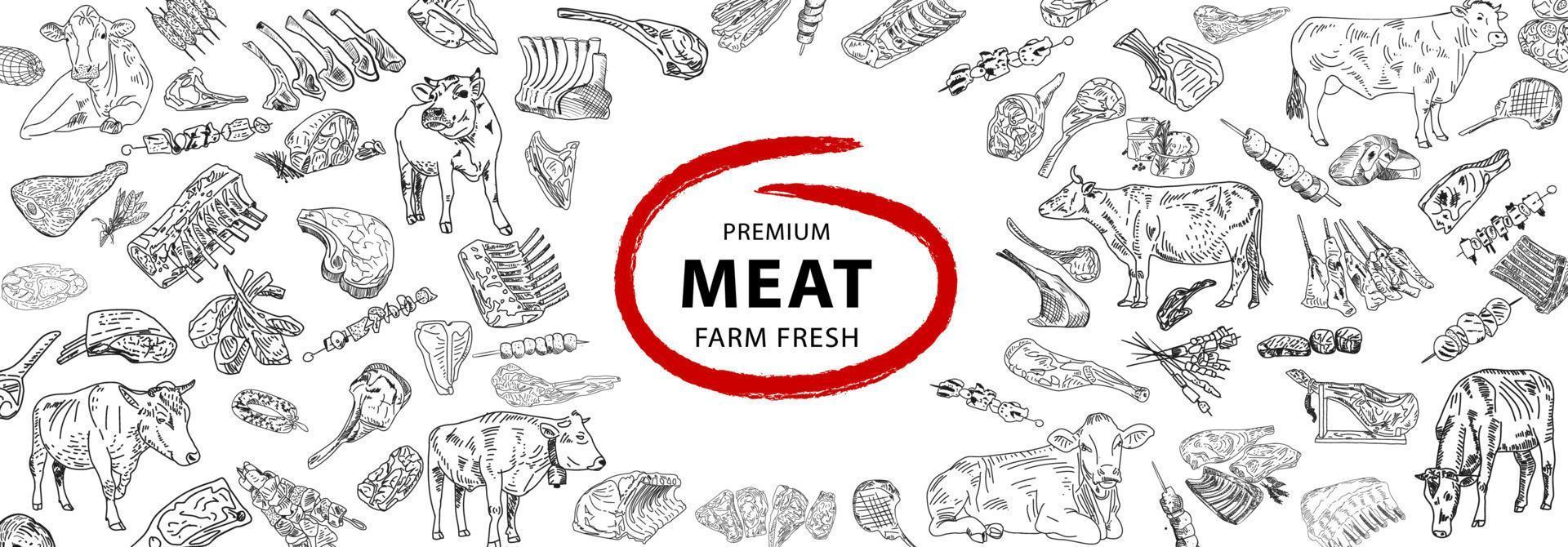 collezione di prodotti a base di carne fresca. illustrazione vettoriale di schizzo.