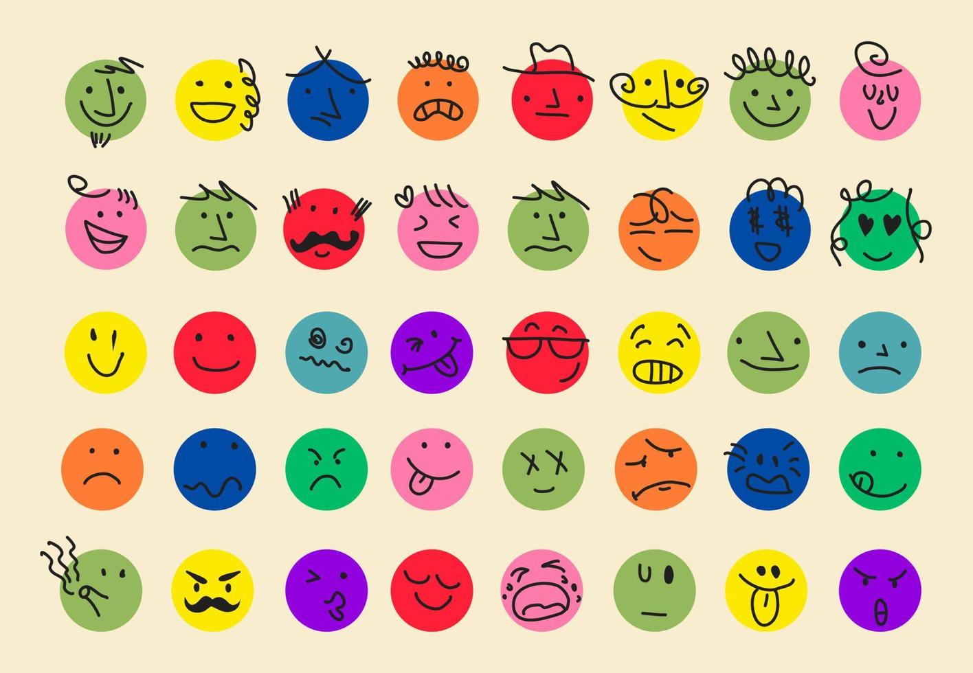 stile cartone animato. facce comiche emoji rotonde con varie emozioni. vettore