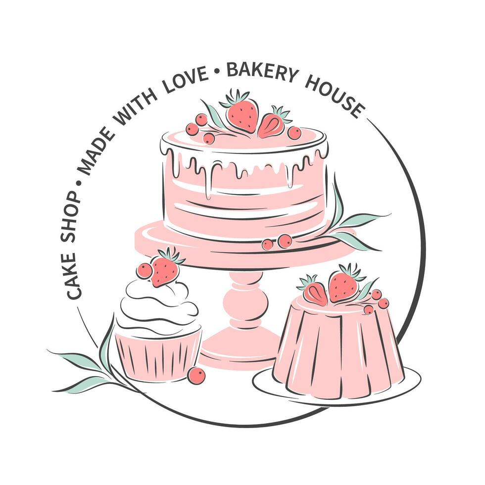 torta negozio logo. torta, Cupcake e frutti di bosco. vettore illustrazione su bianca sfondo per menù, ricetta prenotare, cottura al forno negozio.