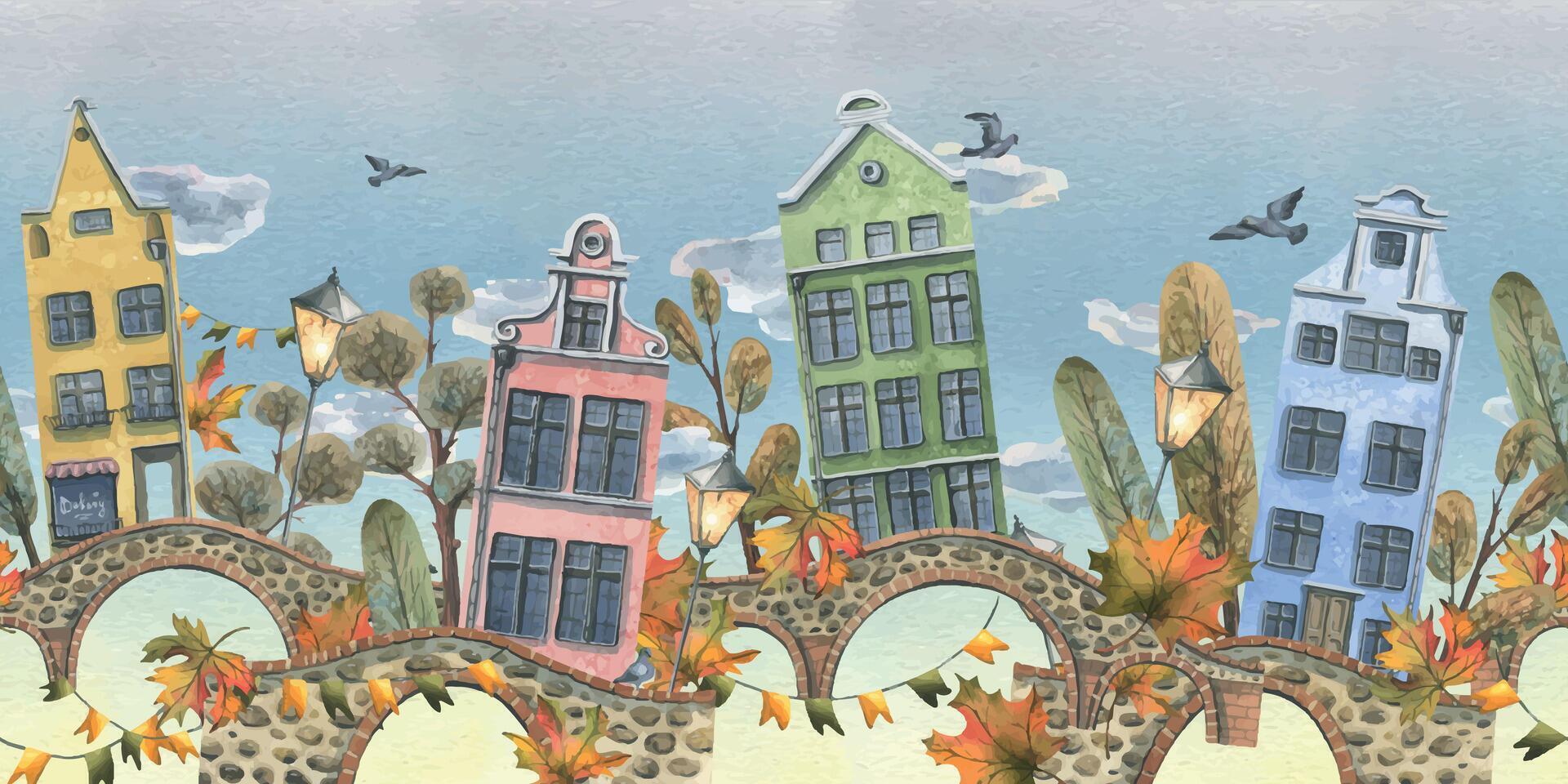 antico europeo case siamo colorato, con autunno alberi e foglie, pietra ponti e lanterne. mano disegnato acquerello illustrazione. senza soluzione di continuità confine ione un' cielo sfondo. vettore